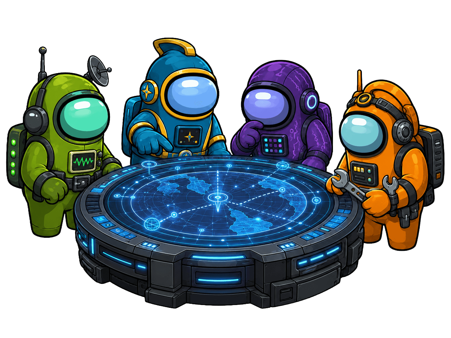 Cartoon astronauts collaborating around a holographic mission table